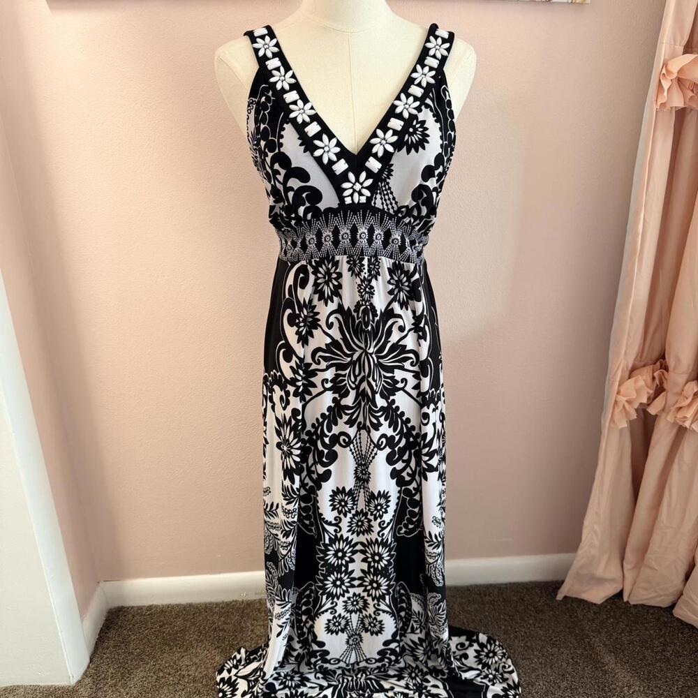 Style & Co Black White Floral Maxi Dress | Boho Stretch Waist Dress | M